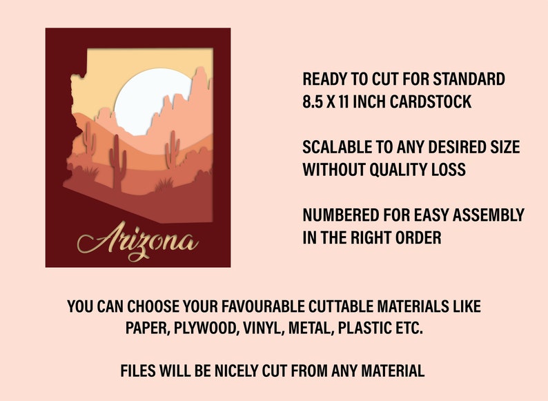 Puede incluir: Un archivo de corte digital del estado de Arizona con una puesta de sol y un paisaje des&eacute;rtico. El archivo est&aacute; listo para cortar para cartulina est&aacute;ndar de 8,5 x 11 pulgadas y se puede escalar a cualquier tama&ntilde;o deseado sin p&eacute;rdida de calidad. El archivo est&aacute; numerado para un f&aacute;cil montaje en el orden correcto. Puedes elegir tus materiales cortables favoritos como papel, madera contrachapada, vinilo, metal, pl&aacute;stico, etc. Los archivos se cortar&aacute;n perfectamente de cualquier material.
