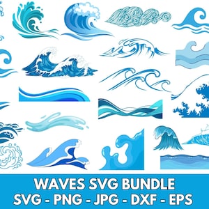 Puede incluir: Un conjunto de 18 ilustraciones de olas azules en SVG. Las olas son de varios estilos, incluyendo olas rompiendo, olas rodando y líneas simples. Las ilustraciones son perfectas para usar en proyectos digitales, como diseño de sitios web, gráficos de redes sociales y proyectos de impresión.