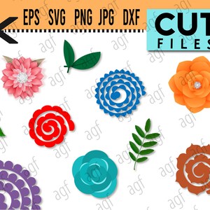 May include: A set of paper flower cut files, including a pink flower, a red spiral flower, a blue spiral flower, an orange flower, a purple spiral flower, a brown spiral flower, and two green leaves.