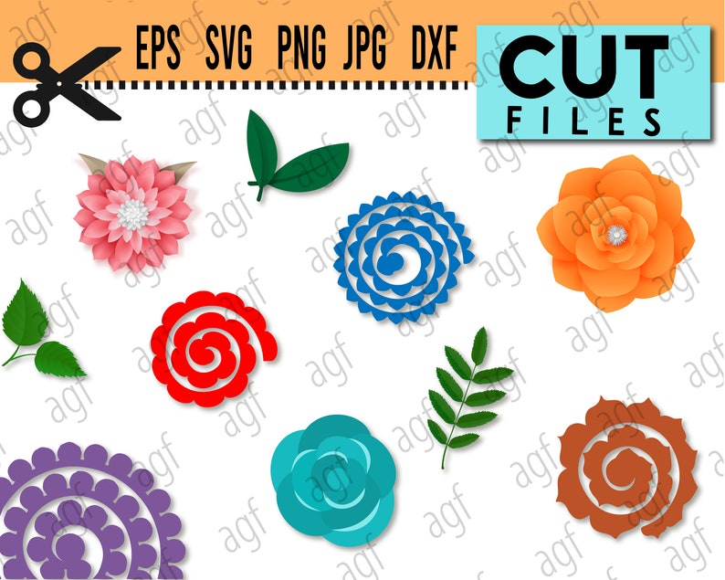 May include: A set of paper flower cut files, including a pink flower, a red spiral flower, a blue spiral flower, an orange flower, a purple spiral flower, a brown spiral flower, and two green leaves.