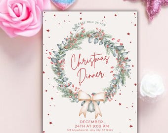 Modelo de convite para jantar de Natal | Convite editável para jantar de Natal | Convite imprimível para reunião familiar festiva