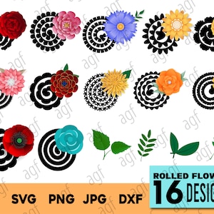 May include: A set of 16 black and white rolled flower designs. The designs feature various flowers, including red, pink, blue, yellow, orange, and turquoise. The designs are perfect for crafting, scrapbooking, and other creative projects.