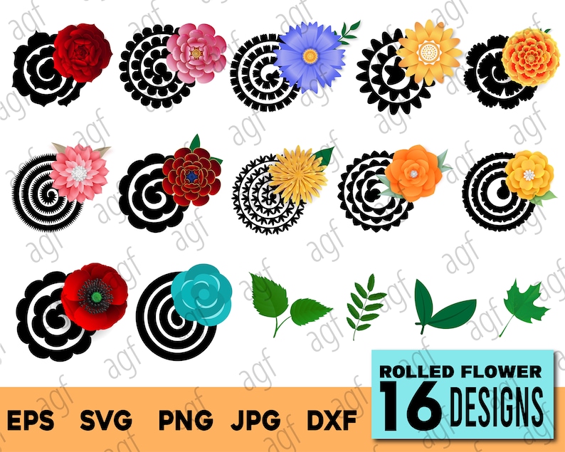 May include: A set of 16 black and white rolled flower designs. The designs feature various flowers, including red, pink, blue, yellow, orange, and turquoise. The designs are perfect for crafting, scrapbooking, and other creative projects.