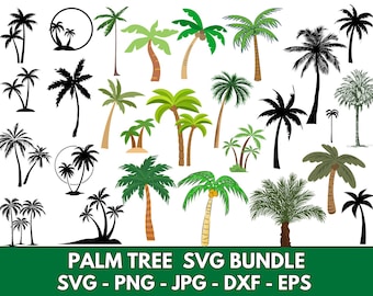 Könnte beinhalten: Ein digitales Download-Paket mit 25 Palmen-SVG-Schnittdateien. Das Paket enthält eine Vielzahl von Palmen-Designs in Schwarz und Grün, perfekt für Bastelprojekte.