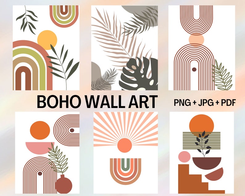 May include: Set of six minimalist boho wall art prints featuring abstract shapes, arches, and sunbursts in warm colours like orange, brown, and pink. The prints are perfect for adding a touch of modern style to any room.