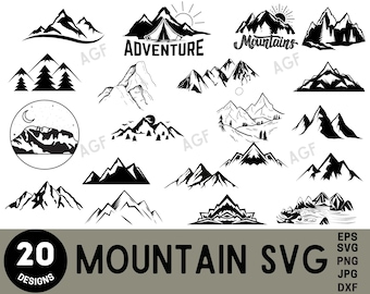 Pacchetto di clipart SVG di montagne: foresta, escursionismo, attività all'aperto (download digitale)