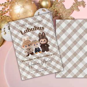 May include: A birthday invitation featuring three Labubus characters on a beige and white checkered background. The invitation reads "Calling All Labubus" and includes the name "Hannah Morales" and event details. Gold ornaments and a pink plate are in the background.