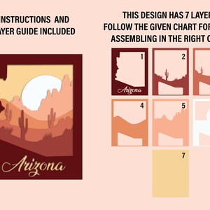 Puede incluir: Un dise&ntilde;o de papel recortado en capas que representa el estado de Arizona con una escena de puesta de sol. El dise&ntilde;o incluye una cordillera, cactus y el texto "Arizona". El dise&ntilde;o est&aacute; dividido en siete capas, con instrucciones de montaje incluidas.