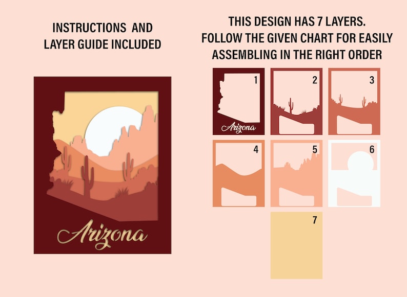 Puede incluir: Un dise&ntilde;o de papel recortado en capas que representa el estado de Arizona con una escena de puesta de sol. El dise&ntilde;o incluye una cordillera, cactus y el texto "Arizona". El dise&ntilde;o est&aacute; dividido en siete capas, con instrucciones de montaje incluidas.