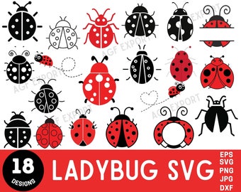 Puede incluir: Un conjunto de 18 diseños de mariquita SVG en varias poses y estilos. Los diseños incluyen mariquitas rojas, negras y blancas con manchas y sin manchas. Los diseños son perfectos para manualidades, scrapbooking y otros proyectos creativos.