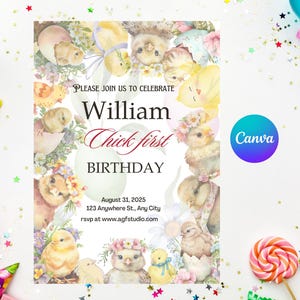 Cartão de primeiro aniversário de pintinho | Convite para festa editável | Modelo de cartão de convite de aniversário