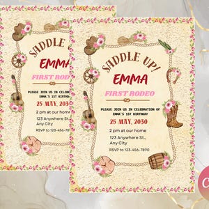 Puede incluir: Dos invitaciones con temática de rodeo. El texto dice "Saddle Up! Emma First Rodeo" con detalles del evento. El diseño incluye un sombrero de vaquero, una guitarra, una herradura y detalles florales. El fondo es beige texturizado.