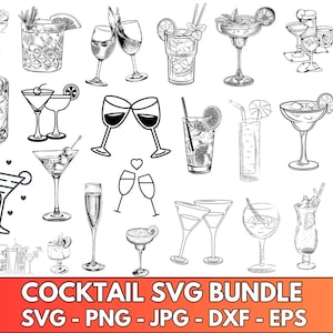 May include: A black and white line art illustration of a set of 20 cocktail drink SVG cut files. The set includes various types of cocktails, such as margaritas, martinis, and daiquiris.