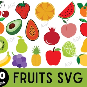 Paquete SVG de frutas, frutas de verano SVG, frutas tropicales SVG EPS DXF PNG, archivos vectoriales de frutas, archivos de corte de frutas, descarga digital