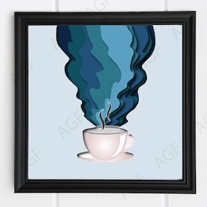 Könnte beinhalten: Eine weiße Kaffeetasse mit aufsteigendem Dampf, dargestellt im Papierschnitt-Stil mit blauen und türkisfarbenen Schichten.