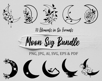 May include: A set of 10 black and white moon illustrations in six different formats, including PNG, JPG, AI, SVG, EPS, and PDF. The moons are decorated with flowers, leaves, and other designs.