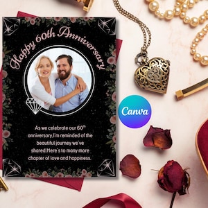 Modèle 60e anniversaire|Modèle de carte modifiable pour un anniversaire de mariage|Téléchargement numérique