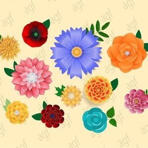 May include: A collection of paper flowers in various colours and styles, including red, orange, yellow, pink, blue, and purple. The flowers are arranged in a cluster on a light yellow background.