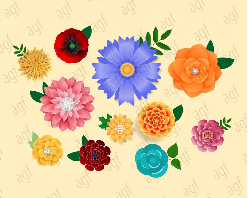 May include: A collection of paper flowers in various colours and styles, including red, orange, yellow, pink, blue, and purple. The flowers are arranged in a cluster on a light yellow background.