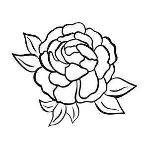 以下が含まれることがあります： 葉のついた牡丹の花の白黒の線画です。