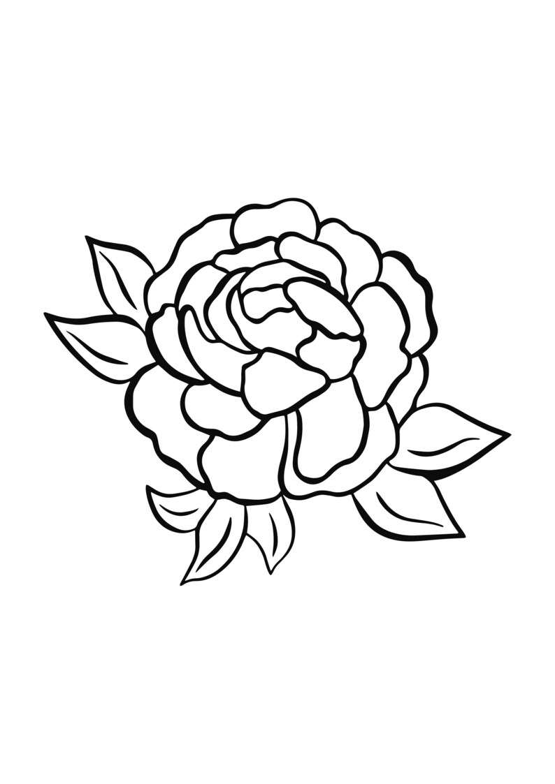 以下が含まれることがあります： 葉のついた牡丹の花の白黒の線画です。