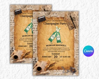 May include: Two vintage-style invitations for a champagne party. The design features a parchment paper background with text and illustrations of champagne bottles. The text reads "Let's Celebrate! Champagne Party" and includes event details.