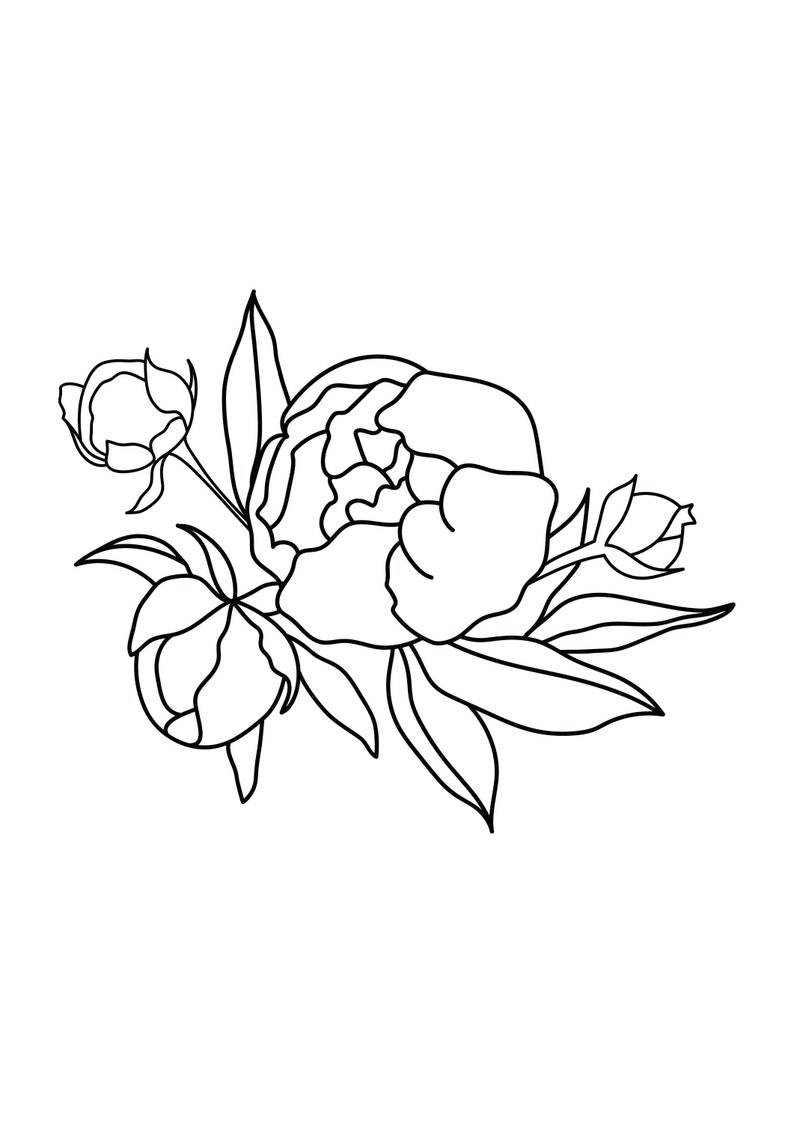 以下が含まれることがあります： 葉と蕾のある牡丹の花の白黒線画です。