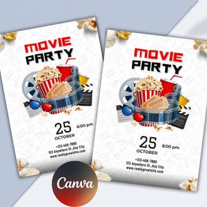 May include: Two movie party flyers featuring popcorn, film reels, 3D glasses, and a red cup. The flyers display the text "MOVIE PARTY" in red, the date "25 OCTOBER", and a website address. The Canva logo is at the bottom.