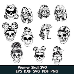 Puede incluir: Conjunto de diez archivos de corte SVG en blanco y negro que representan cráneos de mujeres con diferentes peinados, incluidos moños, trenzas y flores. Los archivos están diseñados para usarse con máquinas de corte como Cricut y Silhouette.