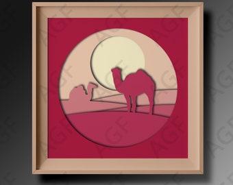 Caixa de sombra 3D do deserto em SVG: Paisagem com camelos para decoração de casa (Download digital)