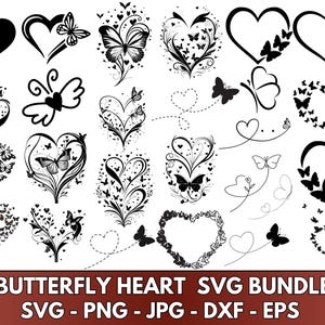 Puede incluir: Un paquete de descarga digital de 20 archivos SVG en blanco y negro con dise&ntilde;os de mariposas y corazones. Los dise&ntilde;os son perfectos para manualidades, scrapbooking y otros proyectos creativos.