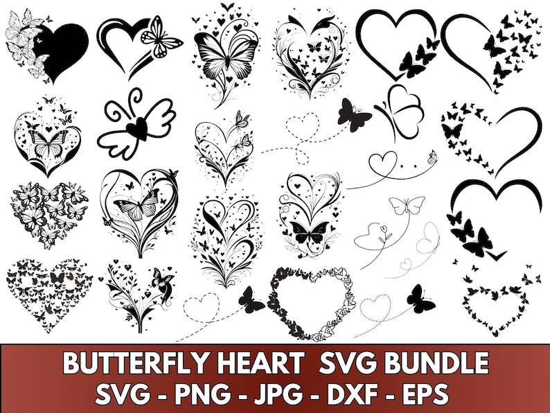 Puede incluir: Un paquete de descarga digital de 20 archivos SVG en blanco y negro con dise&ntilde;os de mariposas y corazones. Los dise&ntilde;os son perfectos para manualidades, scrapbooking y otros proyectos creativos.