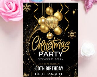 Convite de aniversário de 50 anos em Canva | Festa de Natal de 50 anos | Convite de aniversário em preto e dourado