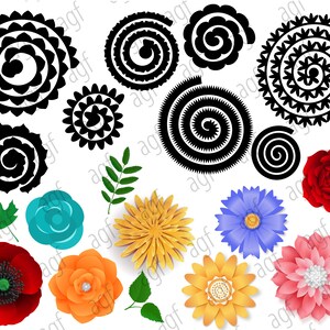 May include: A collection of paper flower templates featuring various flower shapes and sizes. The templates include a red rose, a blue flower, a yellow flower, a pink flower, an orange flower, and several black and white spiral designs.