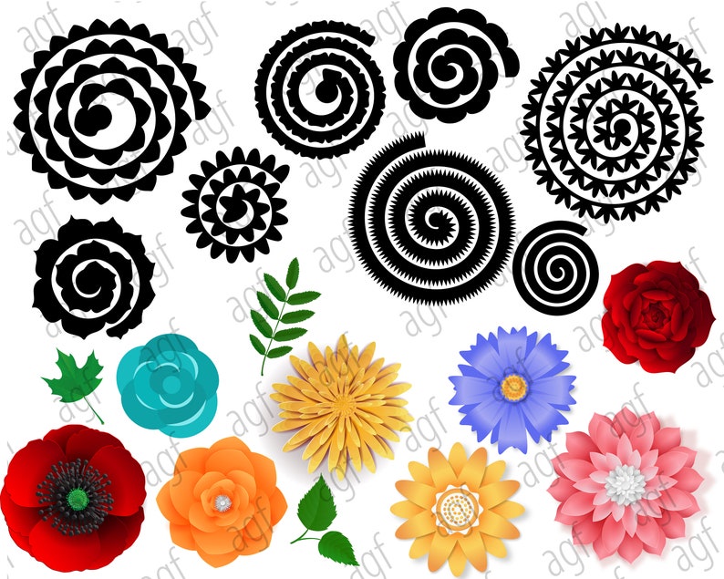 May include: A collection of paper flower templates featuring various flower shapes and sizes. The templates include a red rose, a blue flower, a yellow flower, a pink flower, an orange flower, and several black and white spiral designs.
