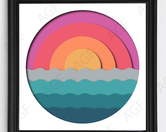 Caixa de sombras com vista do pôr do sol, arte em camadas 3D, recorte de papel, arquivos para Cricut e Silhouette.
