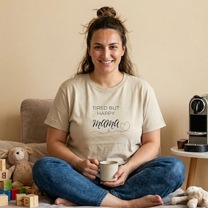 Mom Shirt Women, Tired but Happy,  Funny Mom Shirt,  Gift for Mom, Mothers Day Gift, Minimalist Mom Life Tee