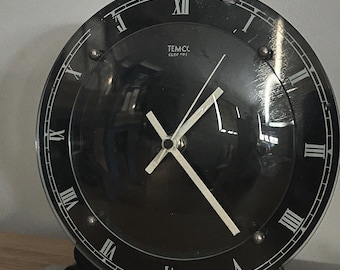 Temco Electric Art Deco Black Glass Mantel Clock | Chrome Stepped Base | 1930s Working | Battery Quartz | Statement Mantelpiece