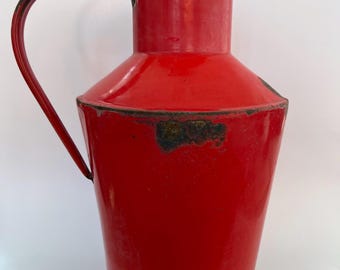 1960s Hungarian Enamel Water Jug – Red Pitcher with Lid, Farmhouse Decor