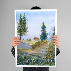 Watercolor painting &quot;Peaceful&quot; , Forest Print, Nature Print, Landscape Art, Home Decor, Wall Art, Tree, Living Room Decor, Woodland