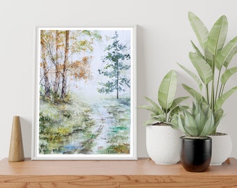 Watercolor painting "Home Again" , Forest Print, Nature Print, Landscape Art, Home Decor, Wall Art, Living Room Decor, Woodland