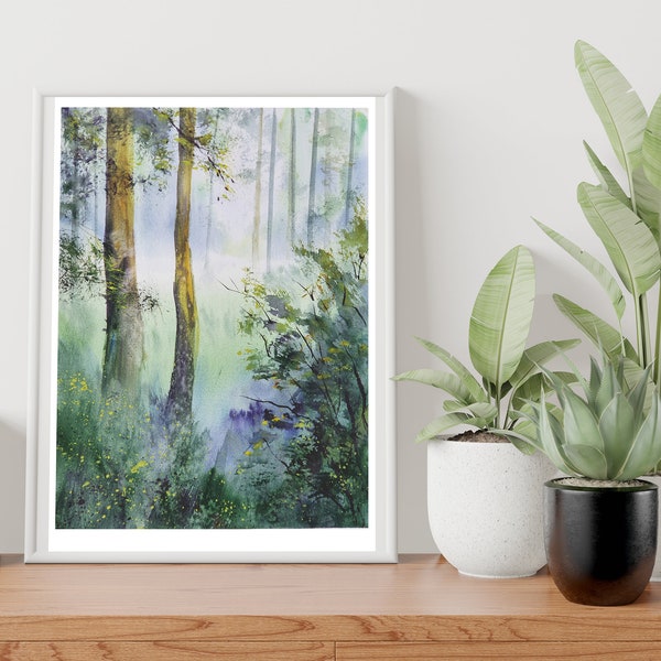 Watercolor painting "LIGHT" , Forest Print, Nature Print, Landscape Art, Home Decor, Wall Art, Living Room Decor, Woodland