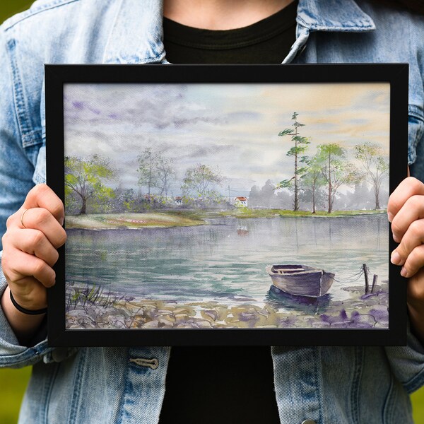 Print from my Watercolor painting " Boat", Lake Print, Nature Print, Landscape Art, Home Decor, Wall Art, Living Room Decor, Woodland