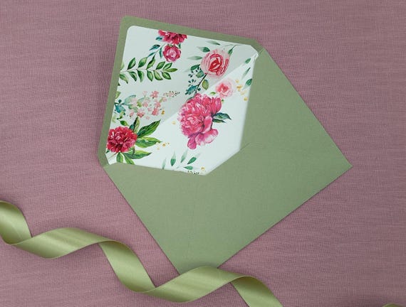Envelopes green lined 5x7 handmade to order, floral liners assembled, 180 gsm