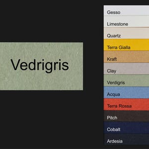 May include: A color chart with the word "Vedrigris" in the center. The chart shows different colors of paint, including gesso, limestone, quartz, terra gialla, kraft, clay, verdigris, acqua, terra rossa, pitch, cobalt, and ardesia.