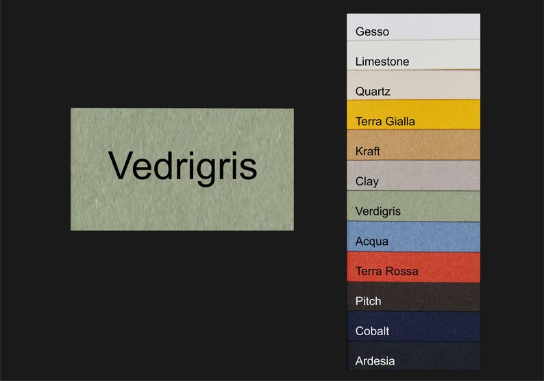 May include: A color chart with the word "Vedrigris" in the center. The chart shows different colors of paint, including gesso, limestone, quartz, terra gialla, kraft, clay, verdigris, acqua, terra rossa, pitch, cobalt, and ardesia.