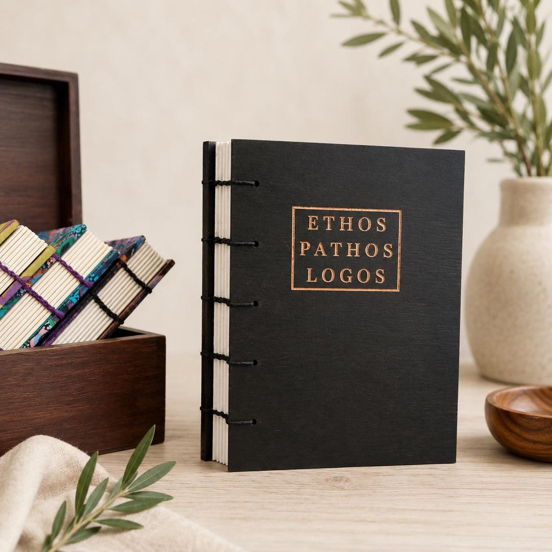 Handmade Coptic Stitch Journal, Engraved Plywood Cover, Ethos Pathos ...