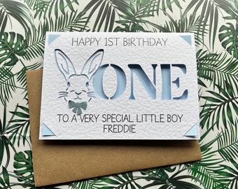 Happy 1st Birthday card. Card for one year old.  Personalised 1st birthday card.  Rabbit 1st birthday card. Any name. Rabbit birthday card.