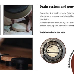 May include: Image showing a drain system and pop-up valve with dimensions. The image includes diagrams and photos of the product, including a close-up of the drain hole size in the sink, which is 50 mm and 65 mm.