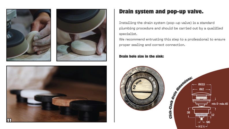 May include: Image showing a drain system and pop-up valve with dimensions. The image includes diagrams and photos of the product, including a close-up of the drain hole size in the sink, which is 50 mm and 65 mm.